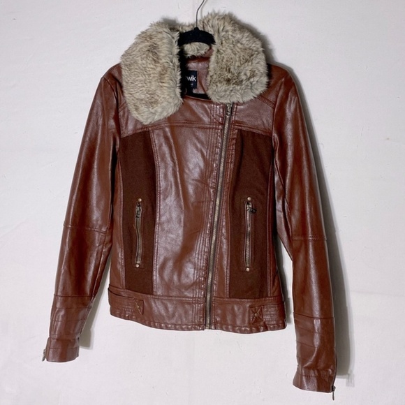 Simons Twik Brown Faux Leather Full Zip Jacket W Faux Fur Trim S - Picture 1 of 15